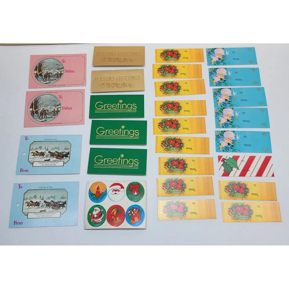 Vtg Christmas Gift Tags/Seals Lot 186pc Currier & Ives Retro Santa Angel Unused